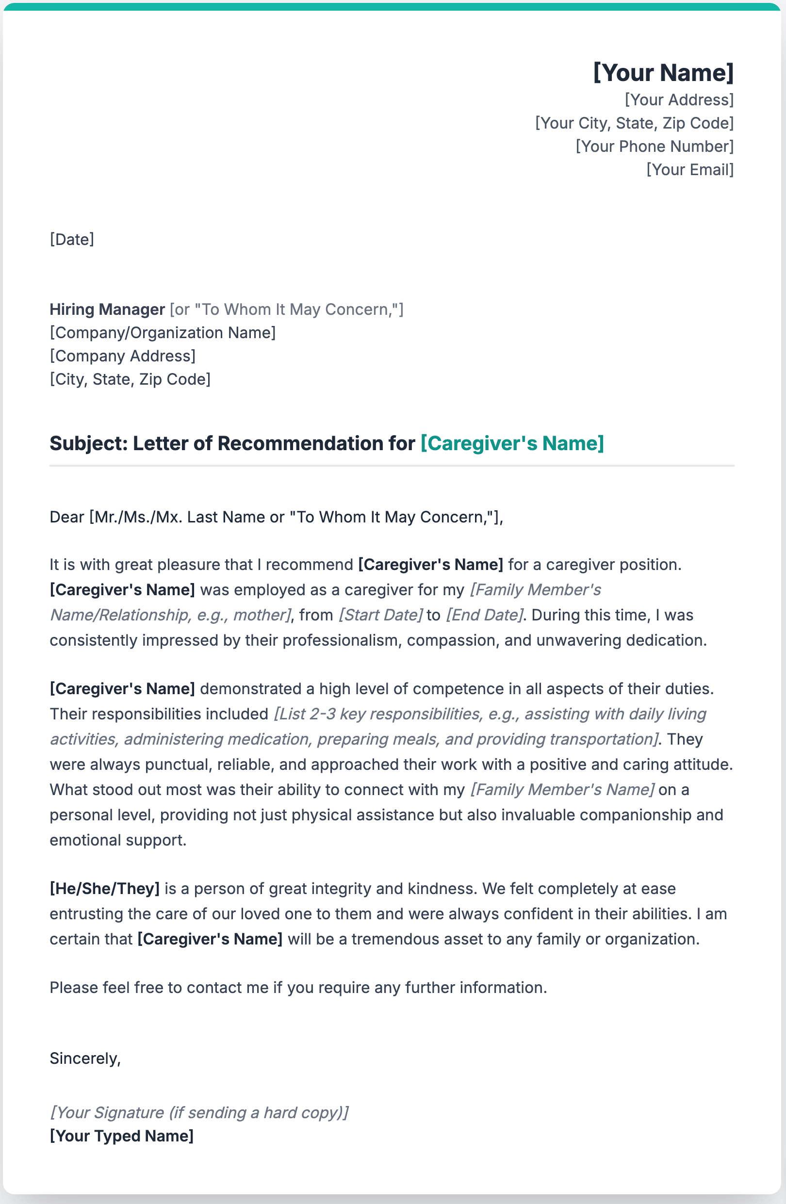 Sample Letters of Recommendation for a Caregiver