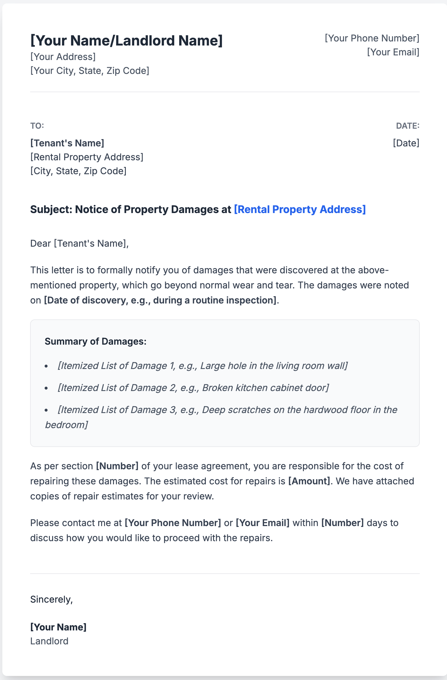 Sample Letters to Tenants for Property Damages