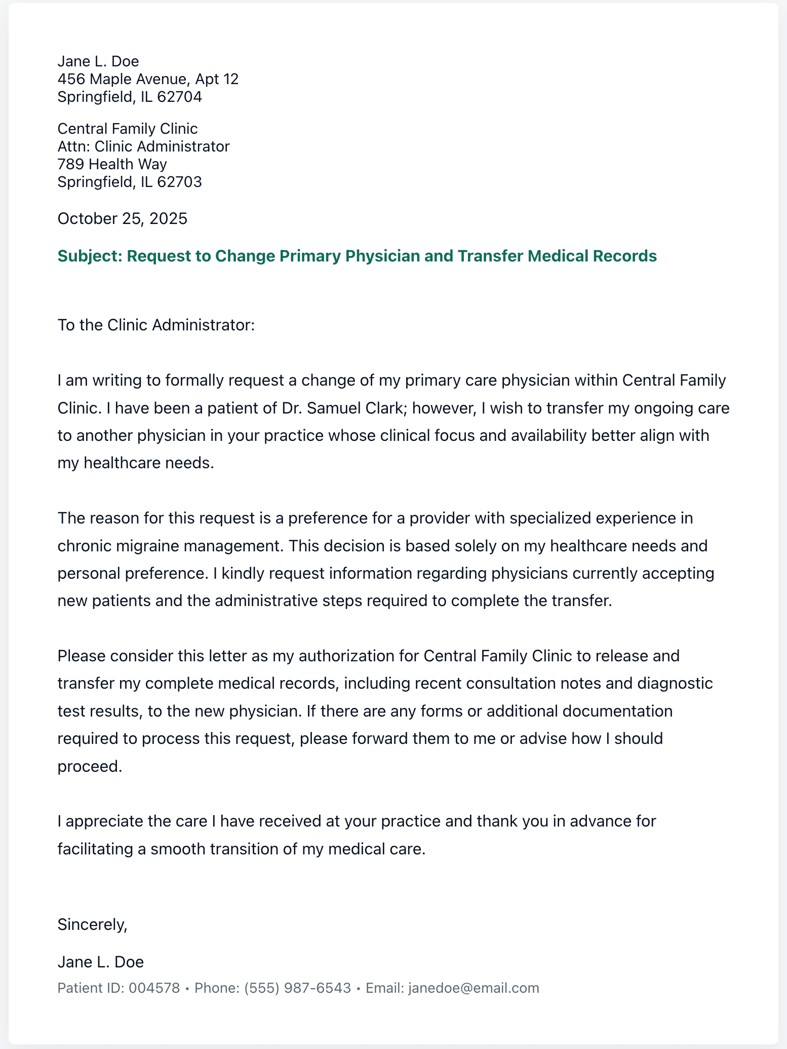 Sample Letter Requesting Change of Doctor