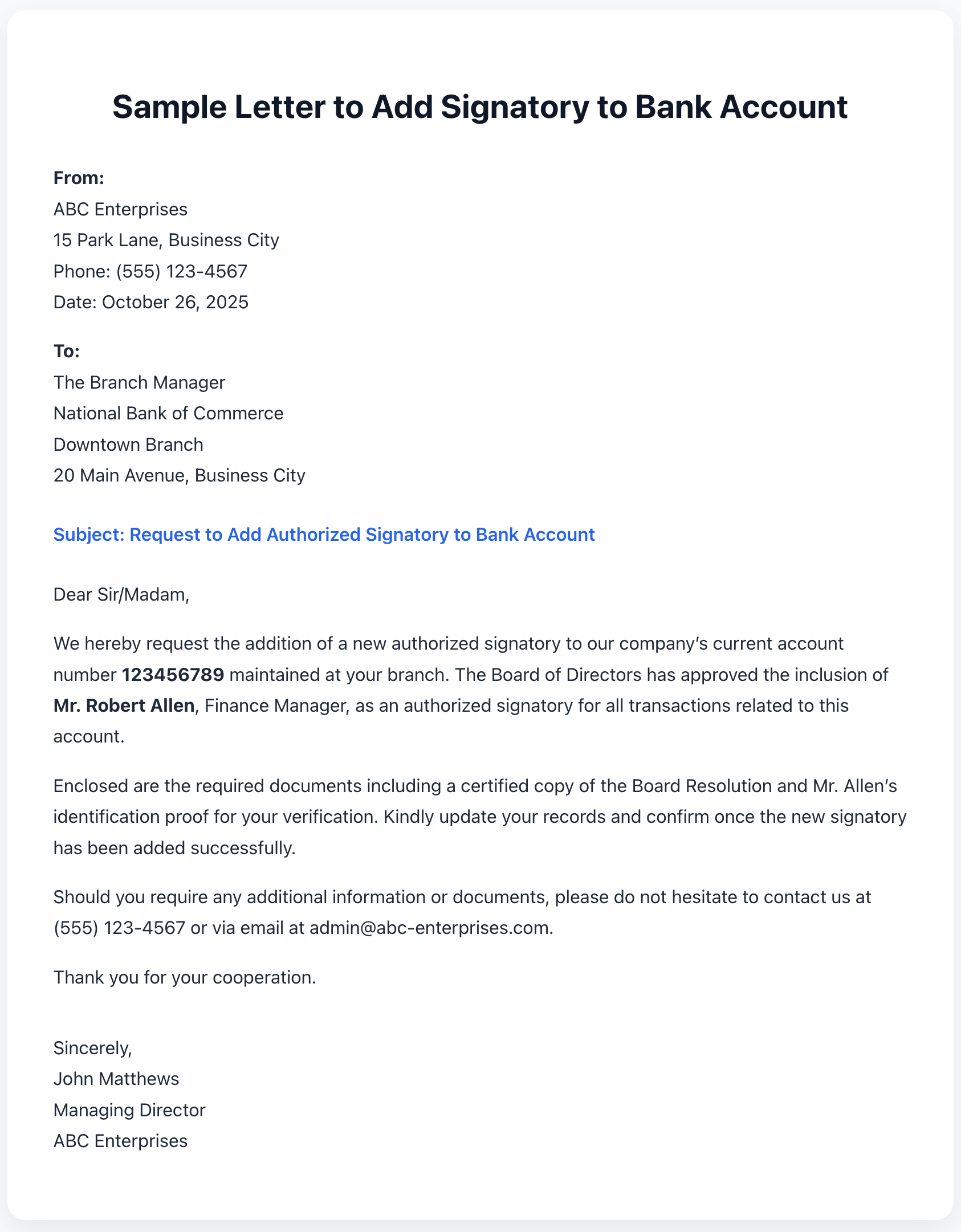 Sample Letter to Add Signatory to Bank Account