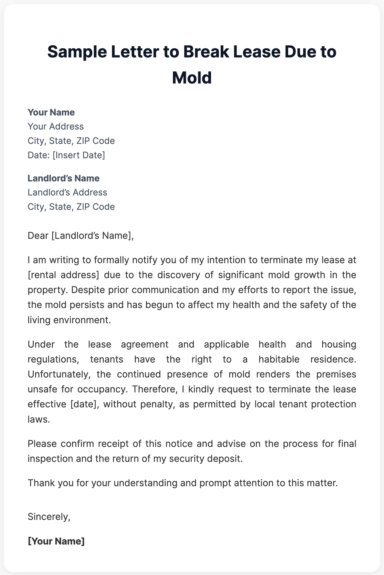 Sample Letter to Break Lease Due to Mold