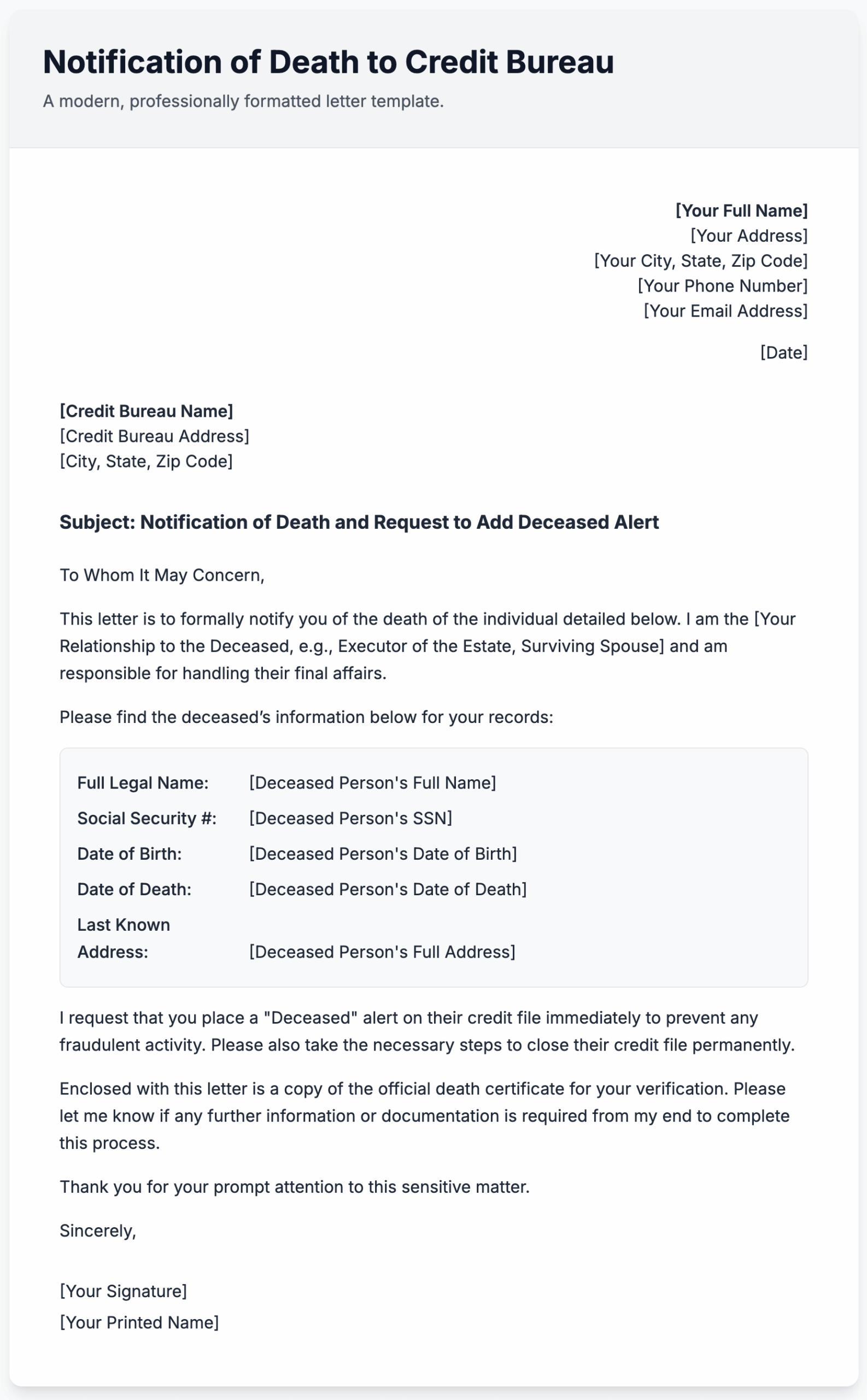 Sample Letter to Credit Bureau to Report Death