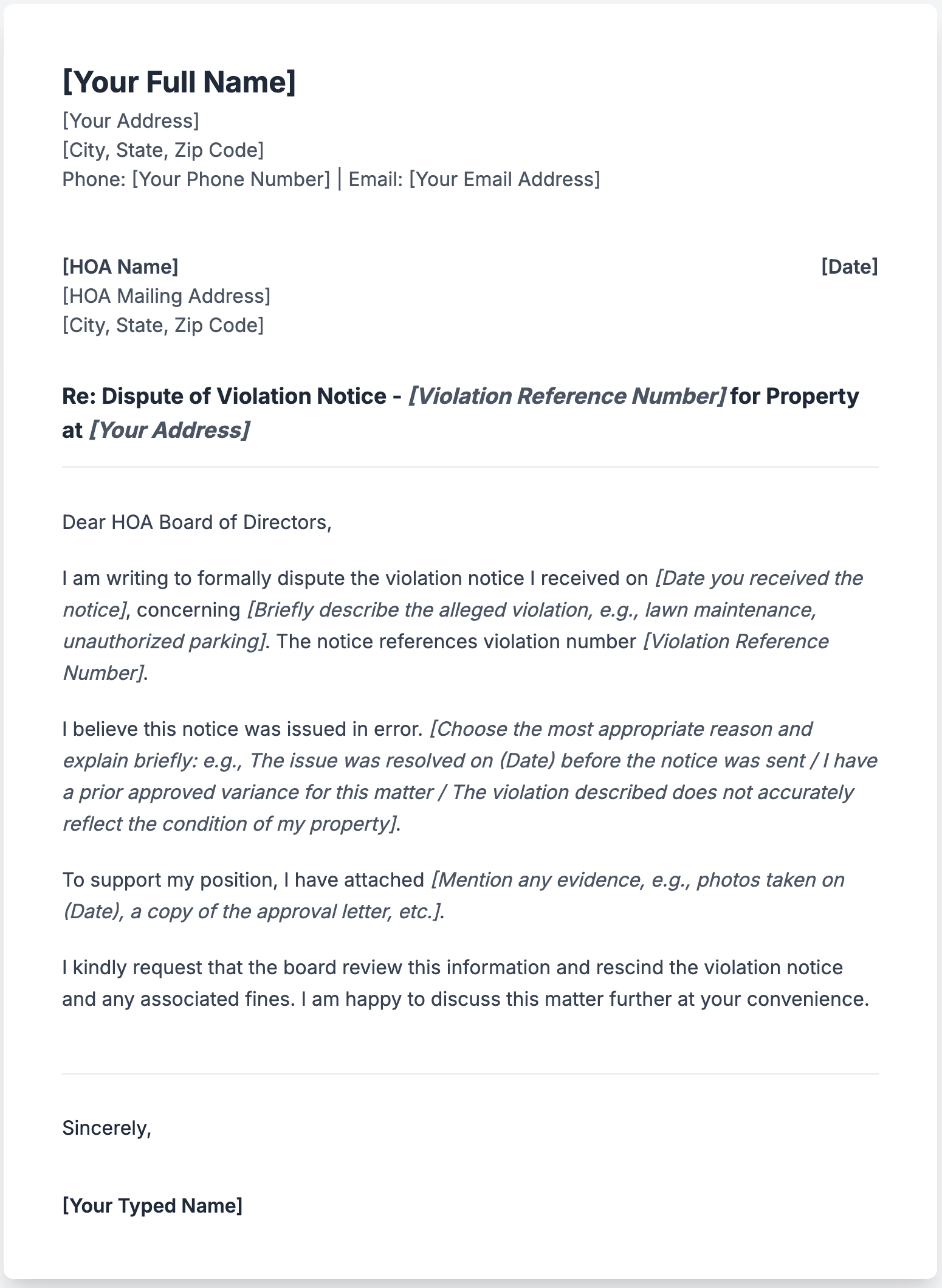 Sample Letter to Dispute HOA Violation Notice