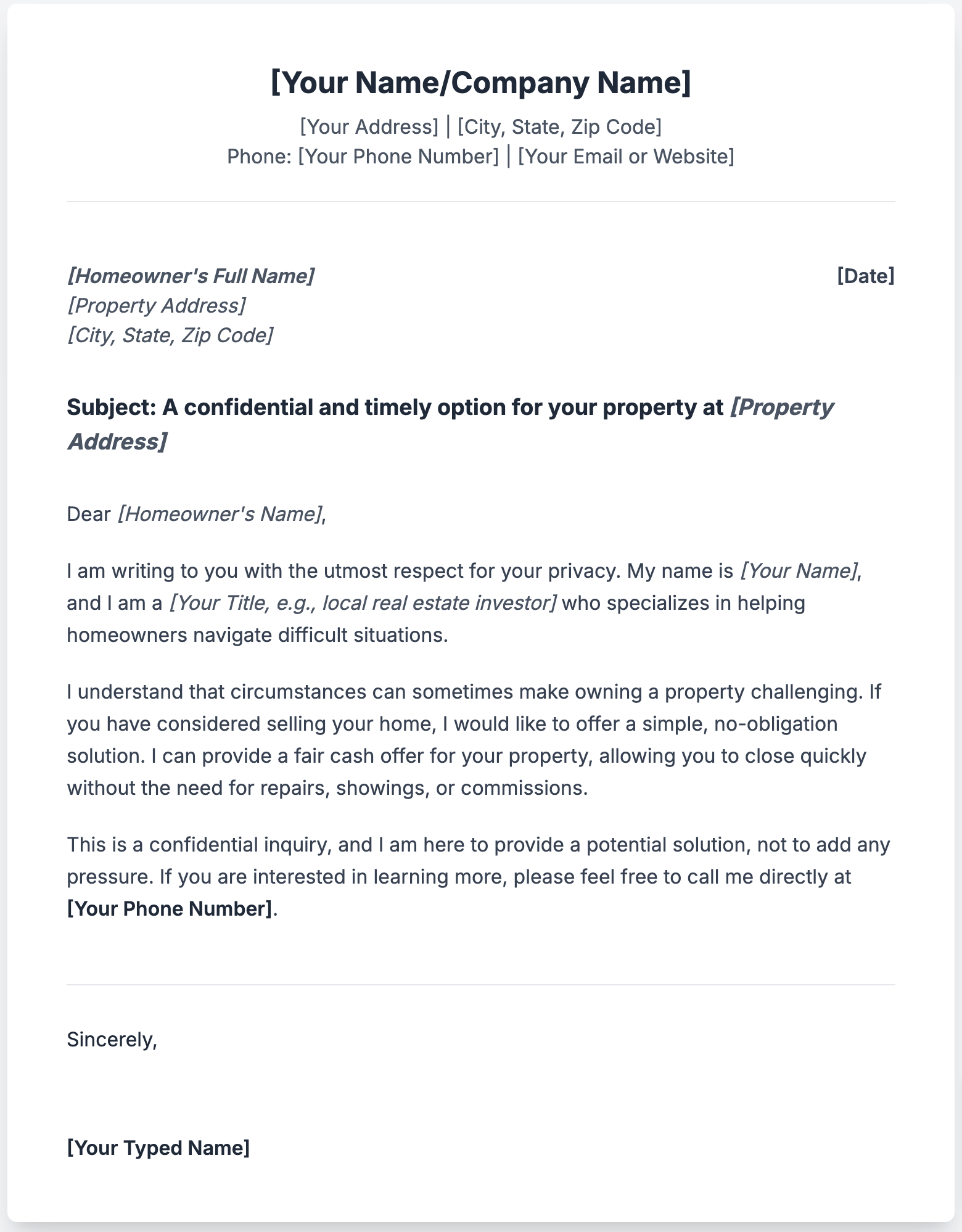 Sample Letter to Distressed Homeowners