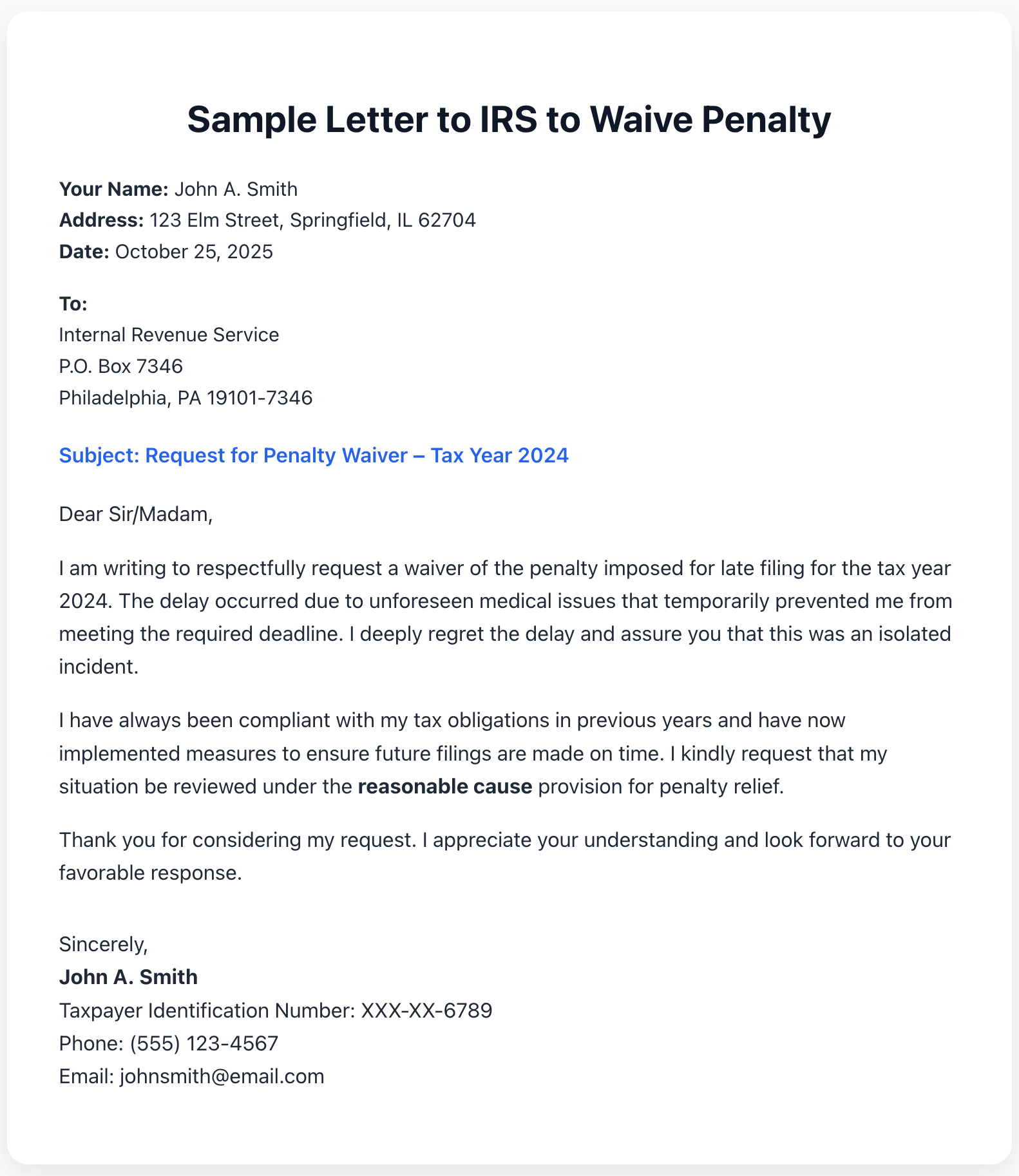 Sample Letter to IRS to Waive Penalty