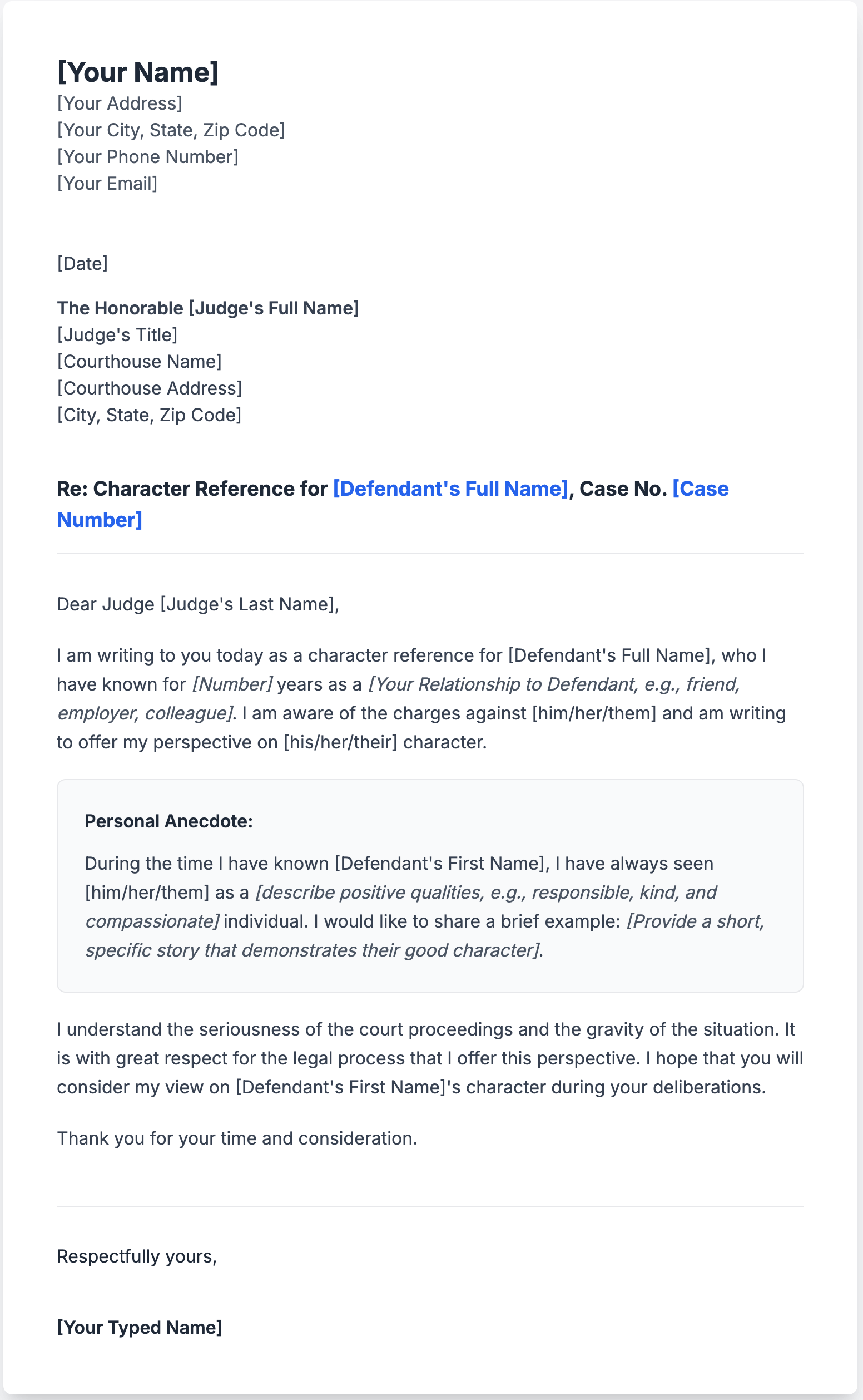 Sample Letter to Judge on Behalf of Defendant