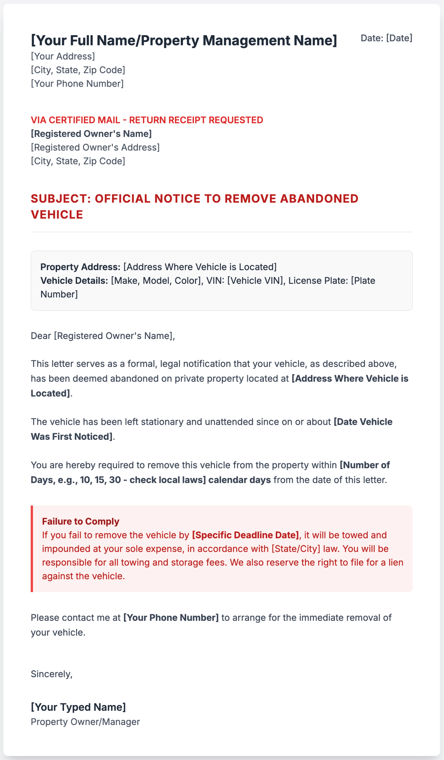 Sample Letter to Owner of Abandoned Vehicle