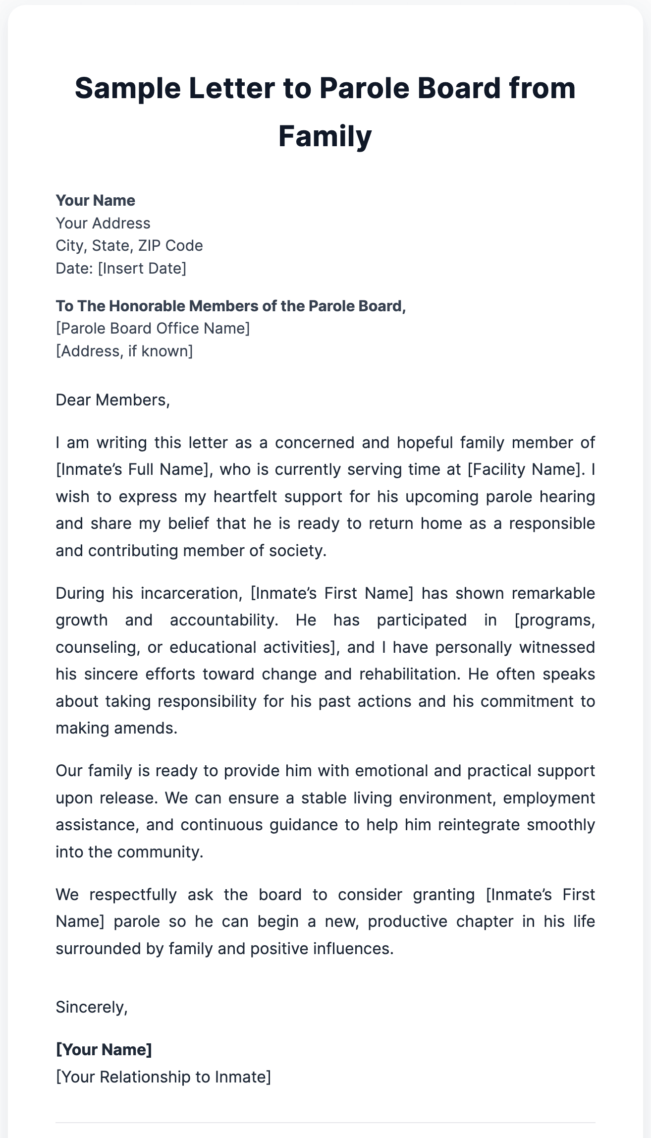 Sample Letter to Parole Board from Family