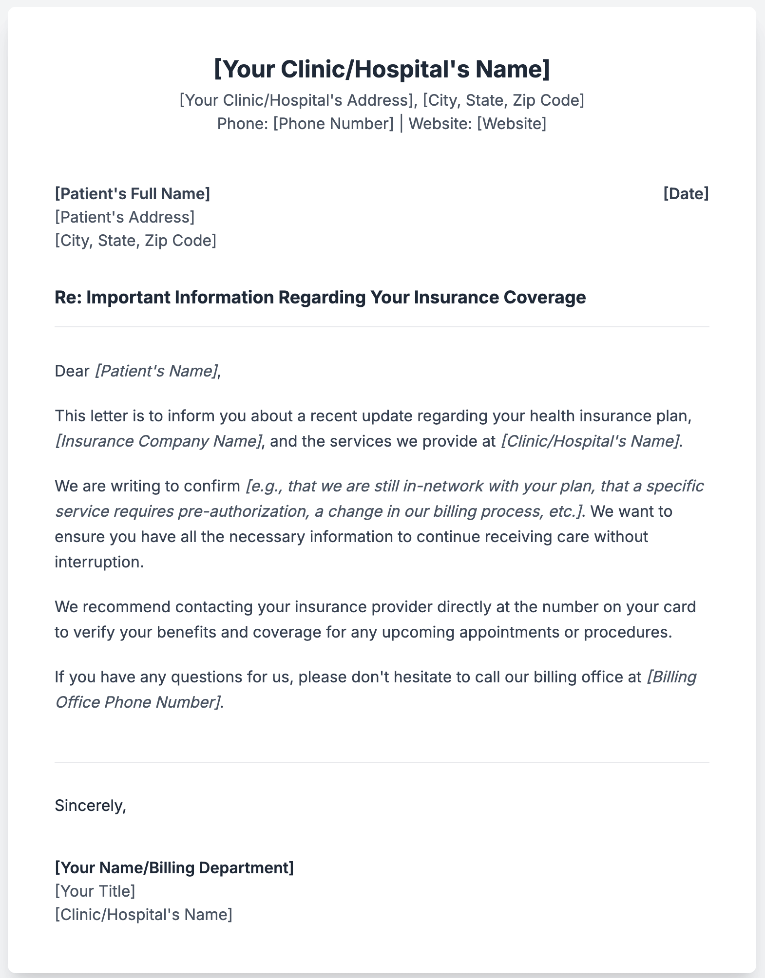 Sample Letter to Patient Regarding Insurance