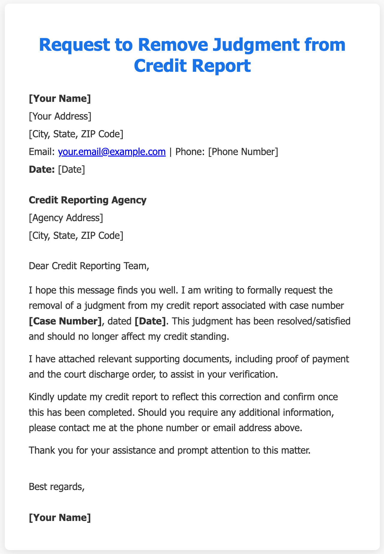 Sample Letter to Remove Judgment from Credit Report