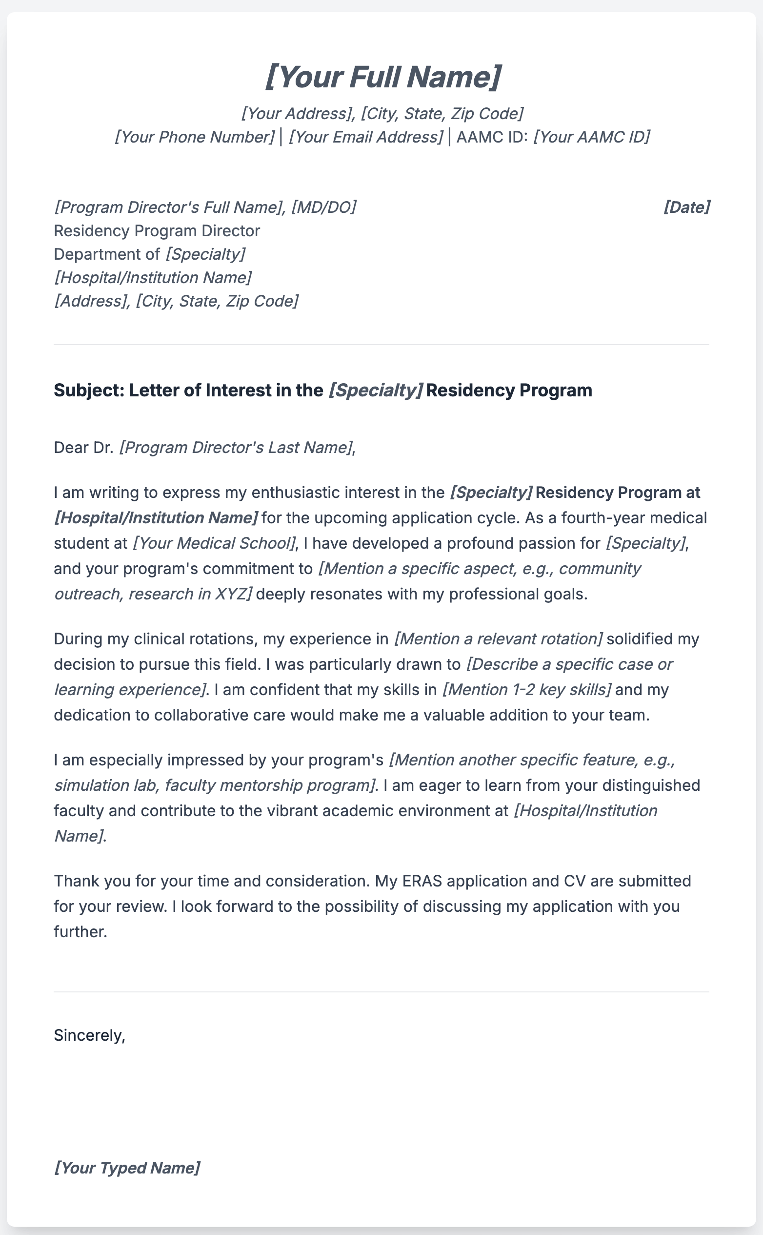 Sample Letter to Residency Program Director