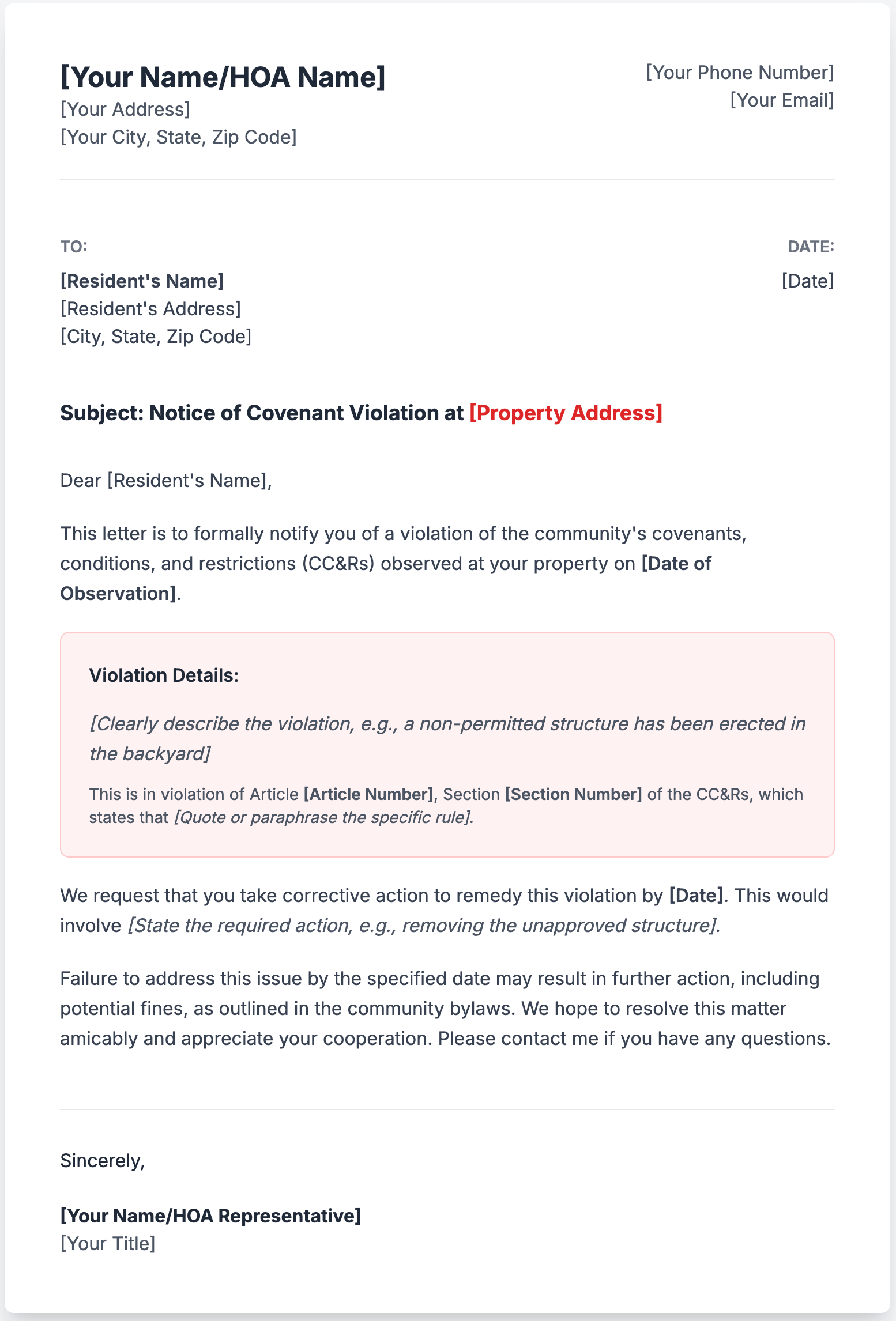 Sample Letter to Resident When Violation of Covenant