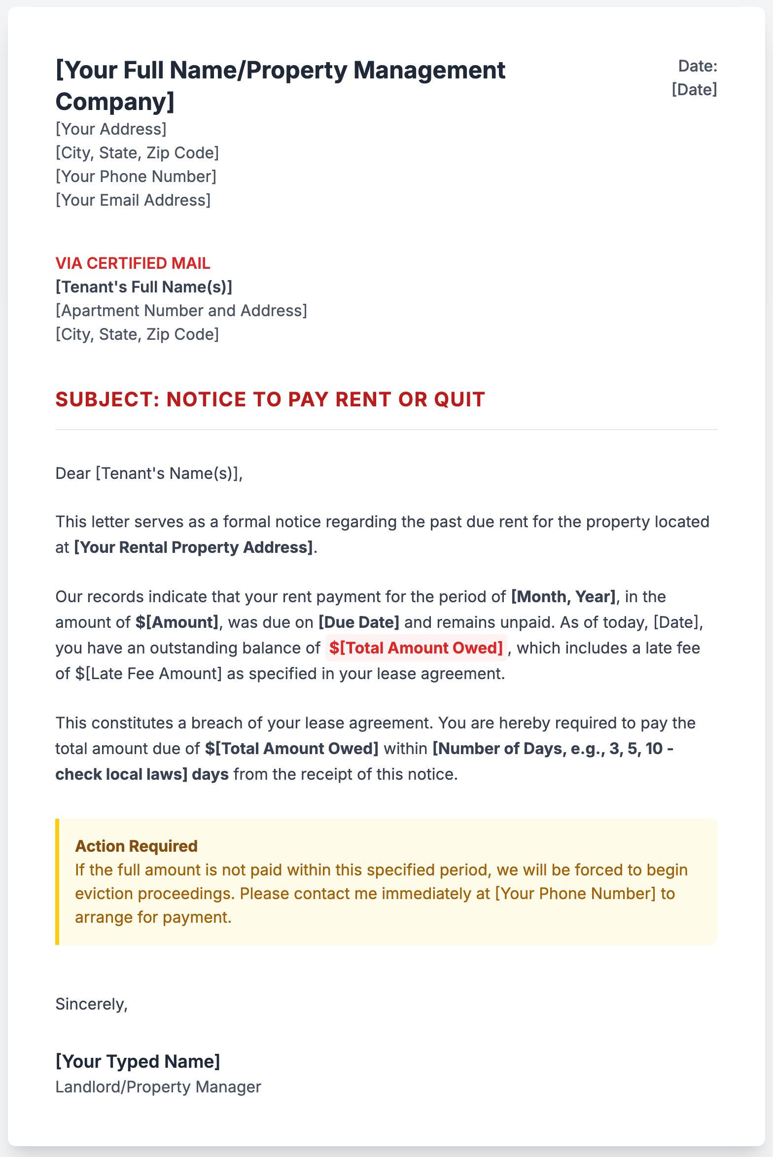 Sample Letter to Tenant for Nonpayment of Rent