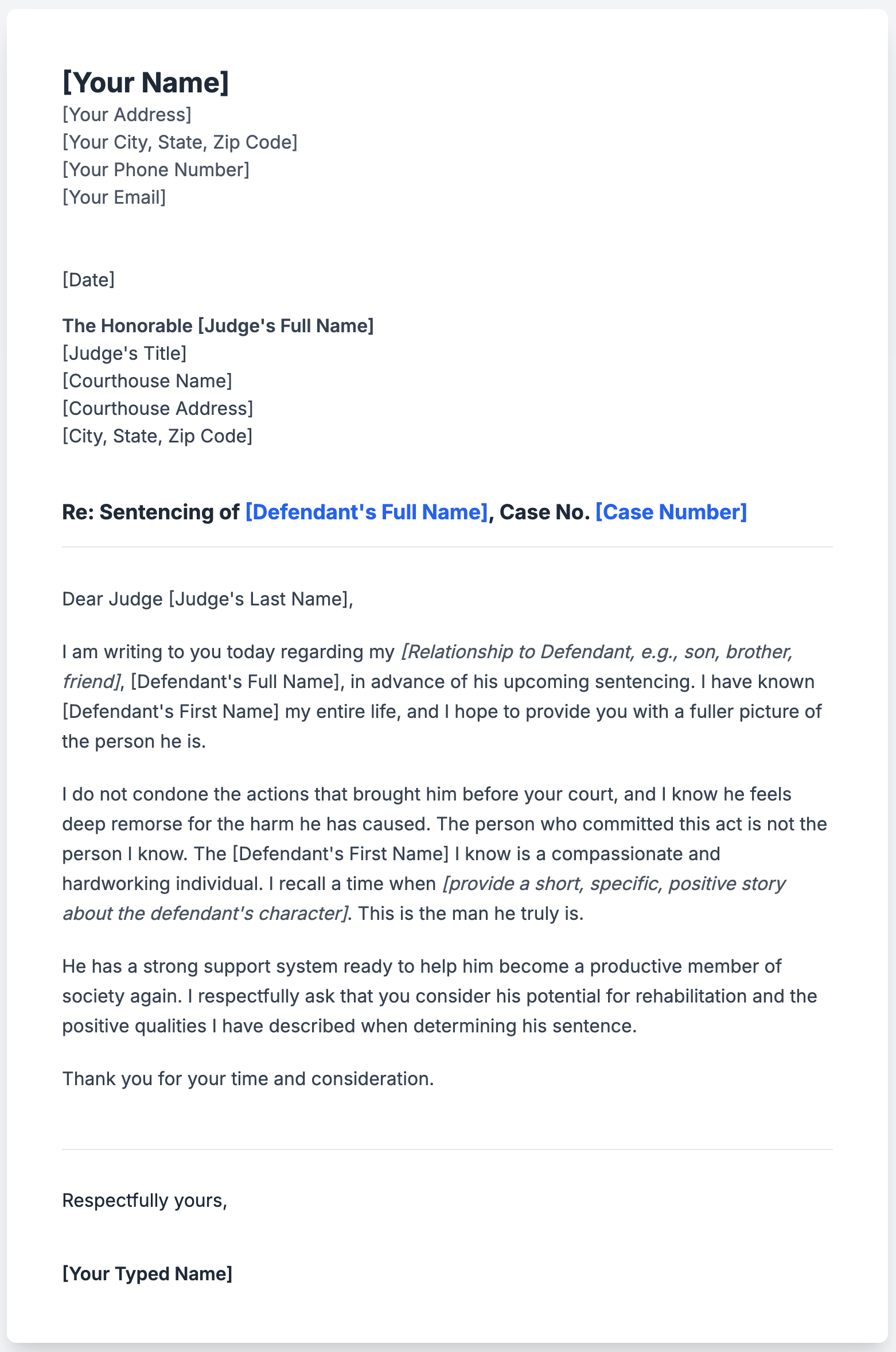 Sample Letter to the Judge Before a Loved One's Sentencing