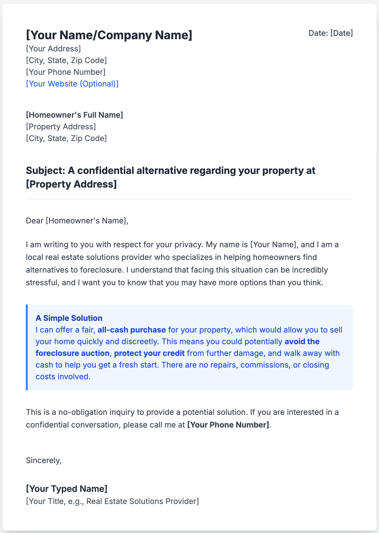 Sample Letters to Homeowners in Foreclosure