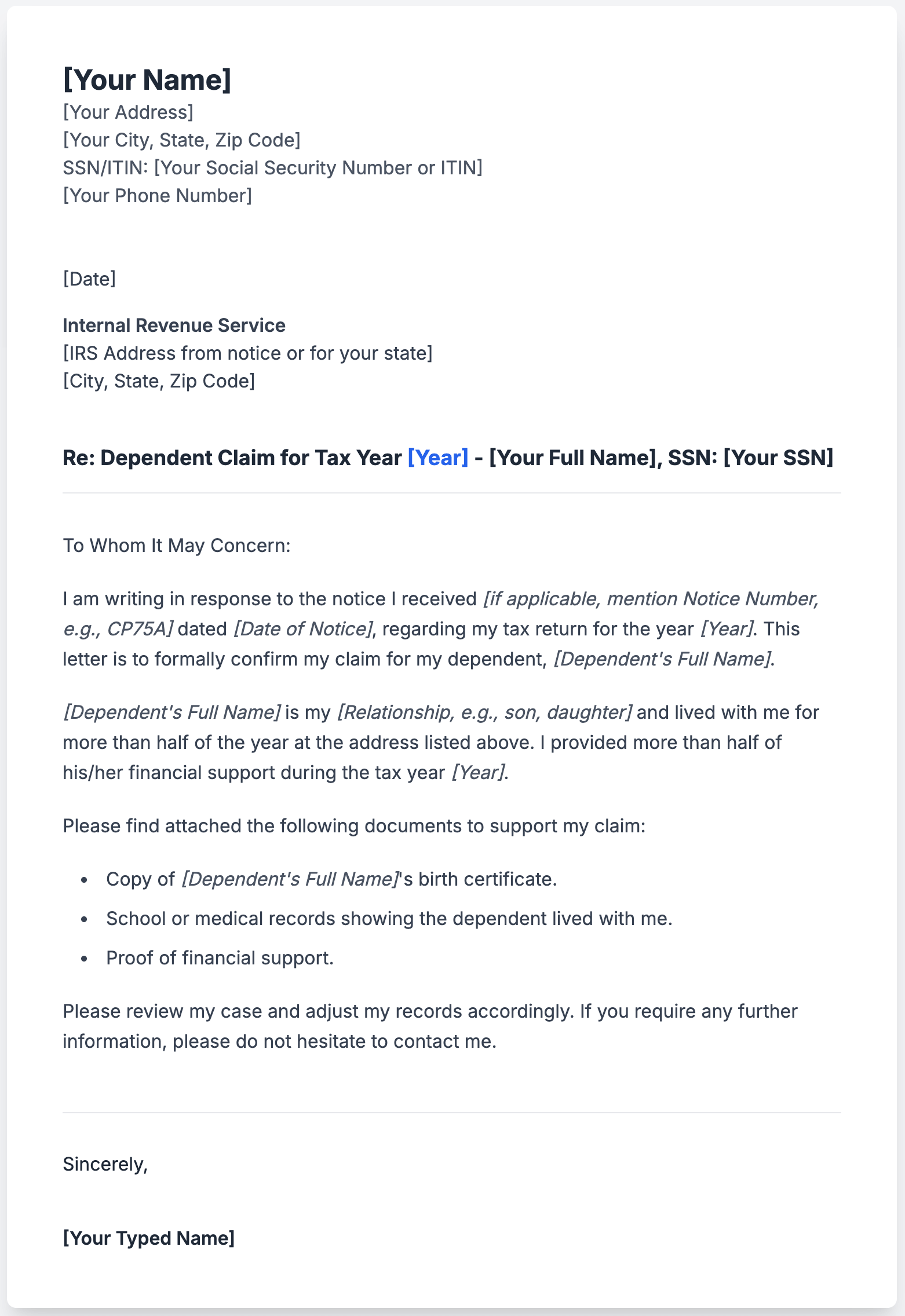 Sample Letters to the IRS for Dependent Claims and Penalty Waivers