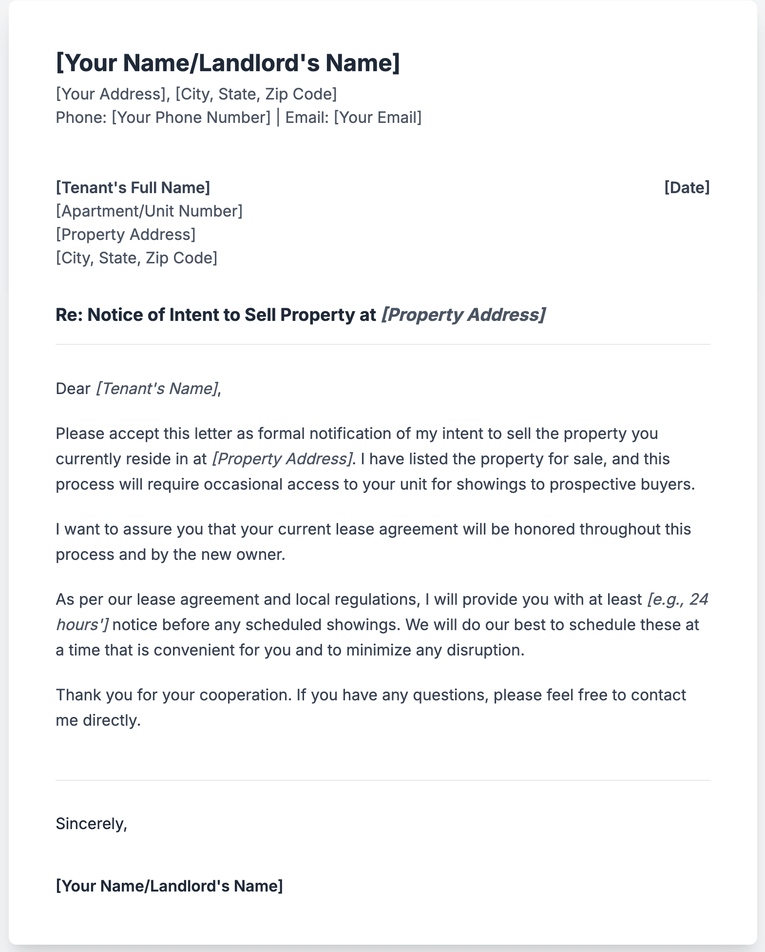 Selling a rental property? Get free landlord letter templates to notify your tenant of the sale. Easy, professional notice of intent to sell property.