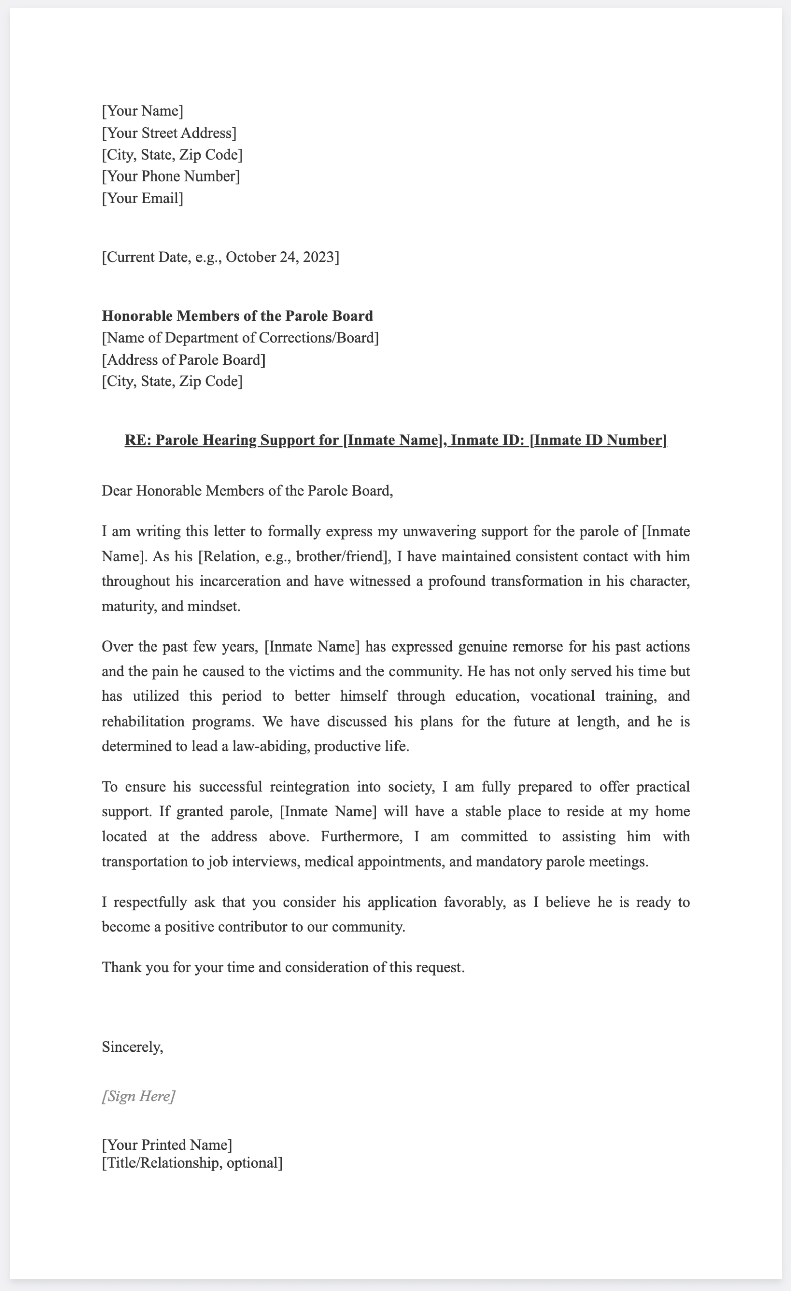 Good Written Parole Board Letter