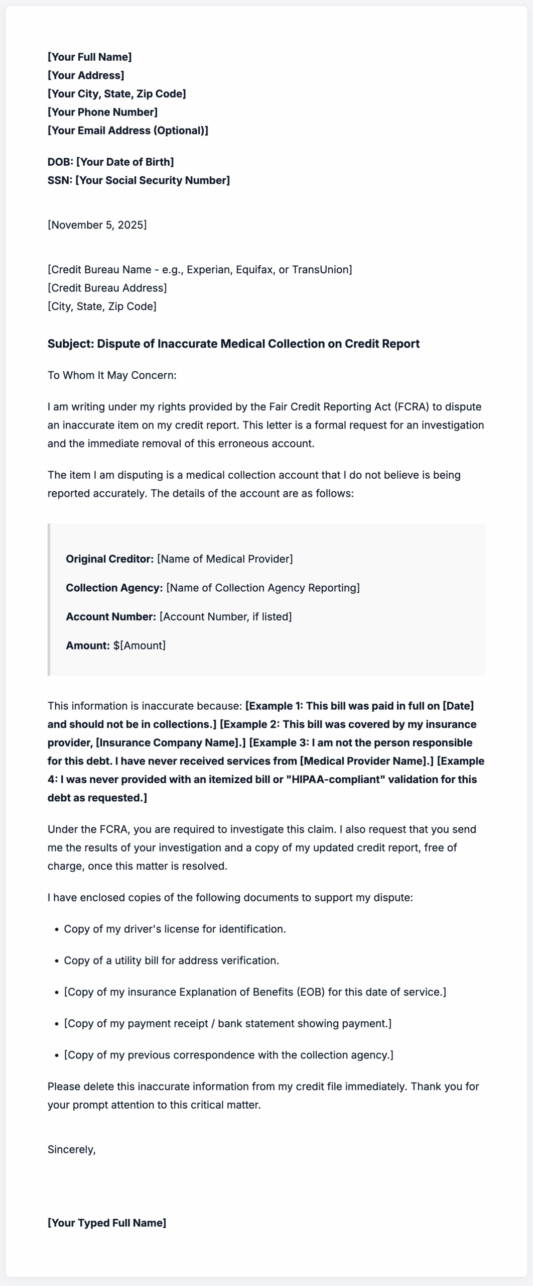 Sample Letter To Dispute Medical Bills On Credit Report
