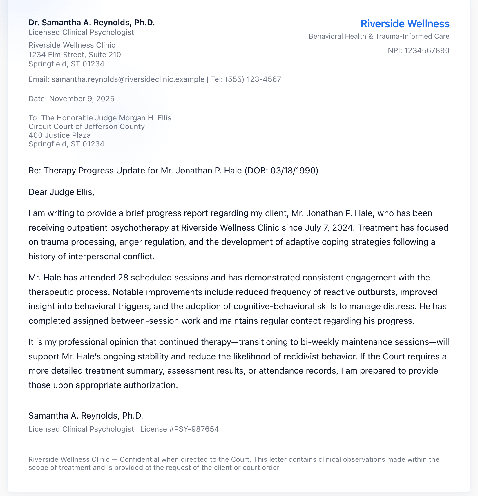 Sample Letter To Judge Regarding Therapy Progress