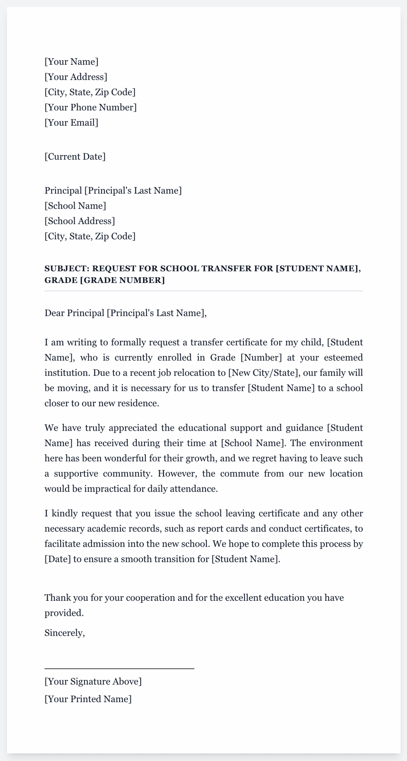 Sample Letter To School Principal For Transfer To Another School