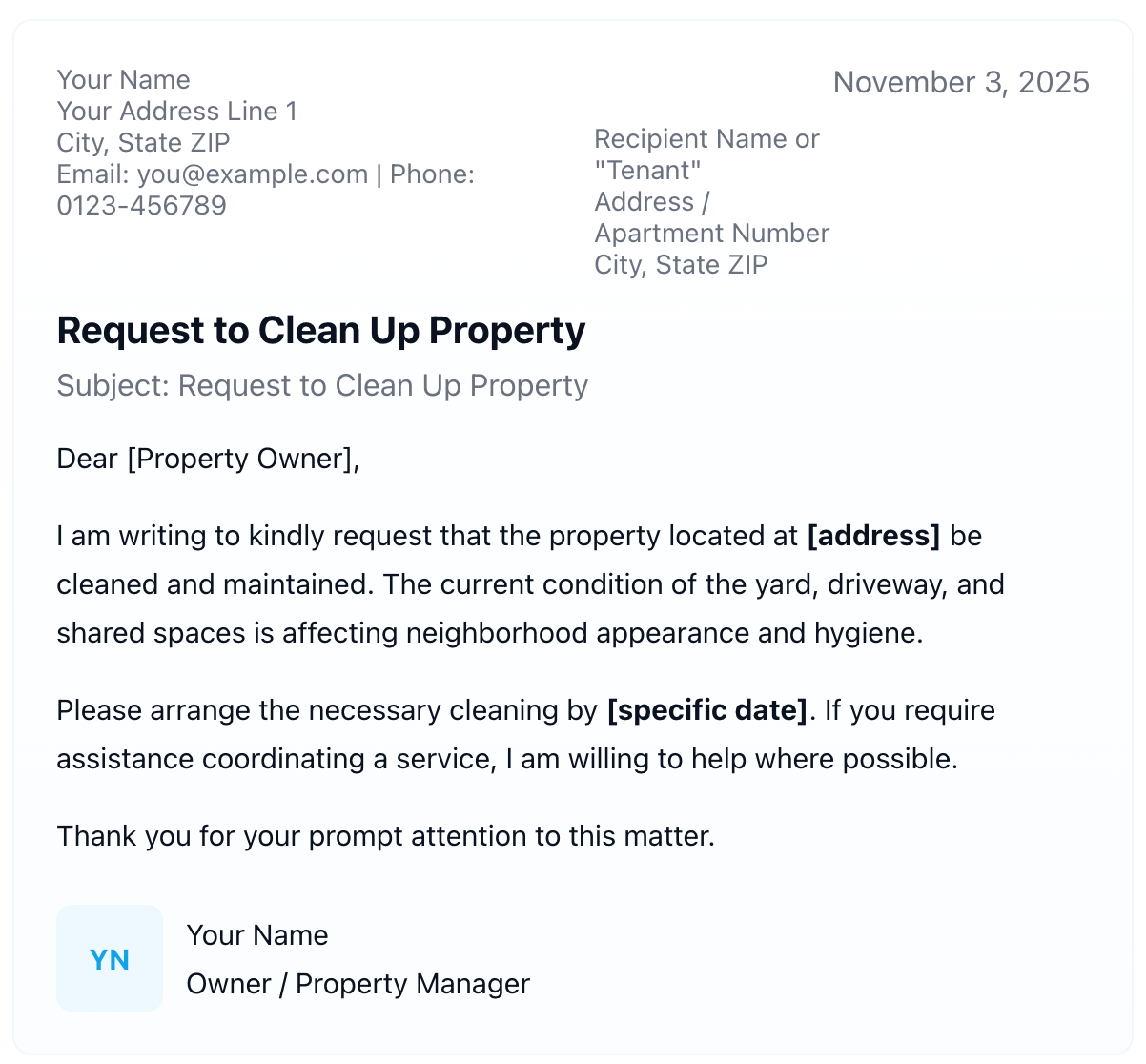 Sample Letter to Clean Up Property