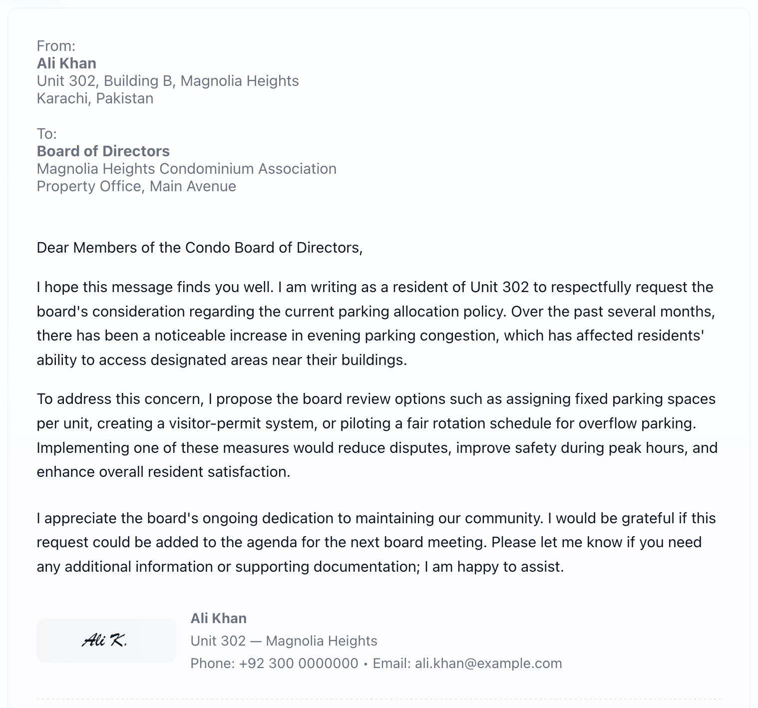 Sample Letter to Condo Board of Directors