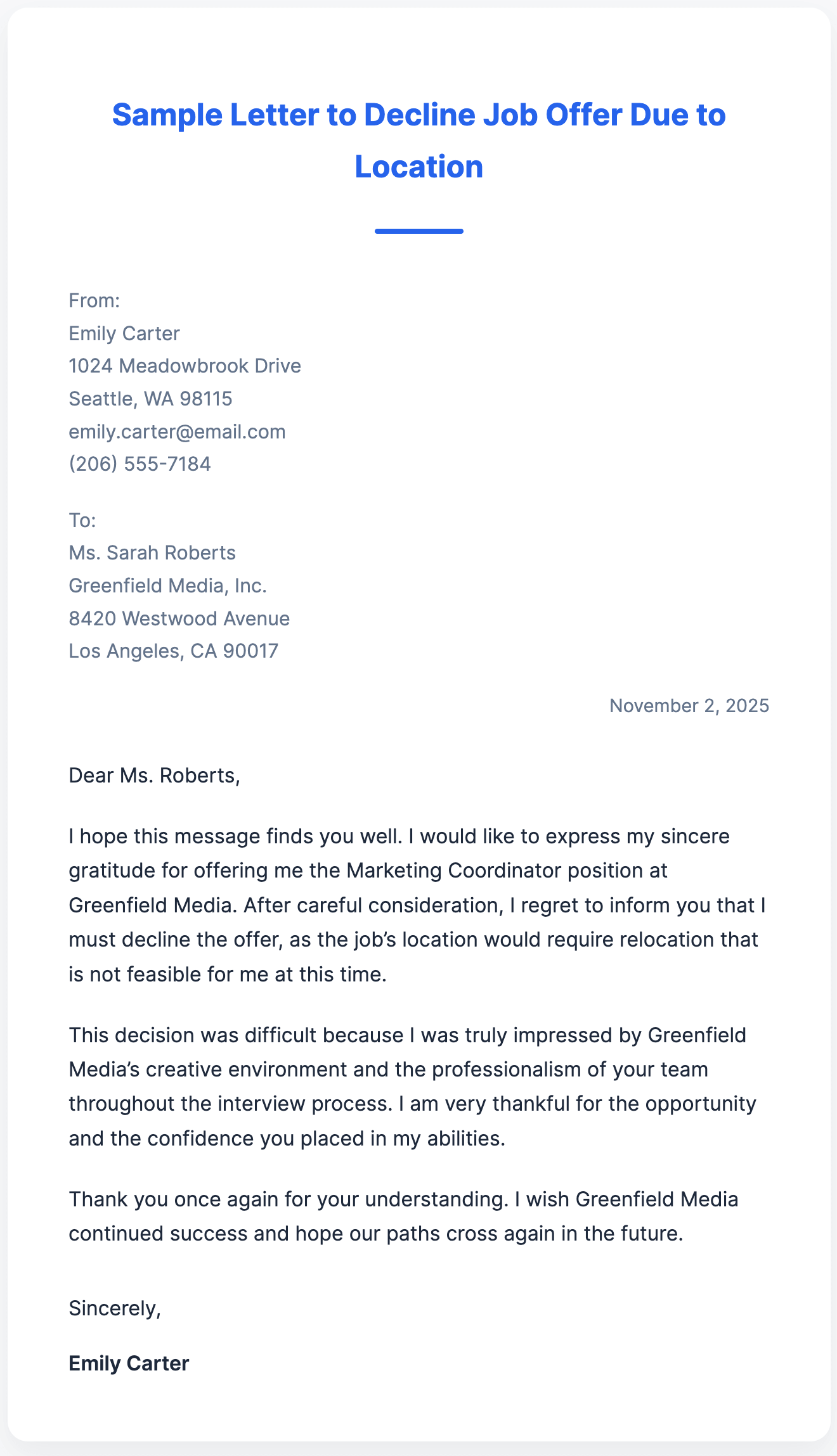Sample Letter to Decline Job Offer Due to Location