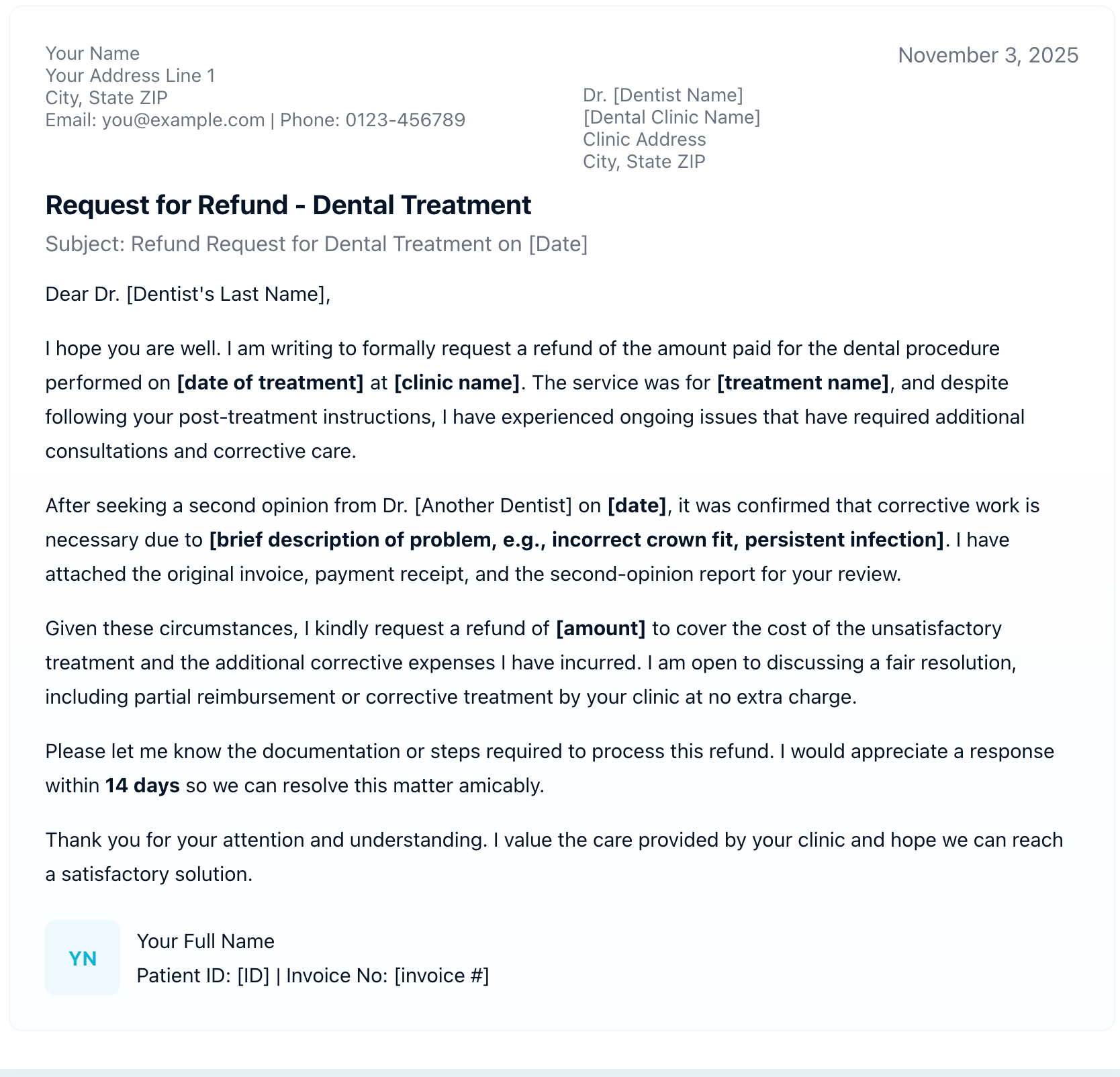 Sample Letter to Dentist Requesting Refund
