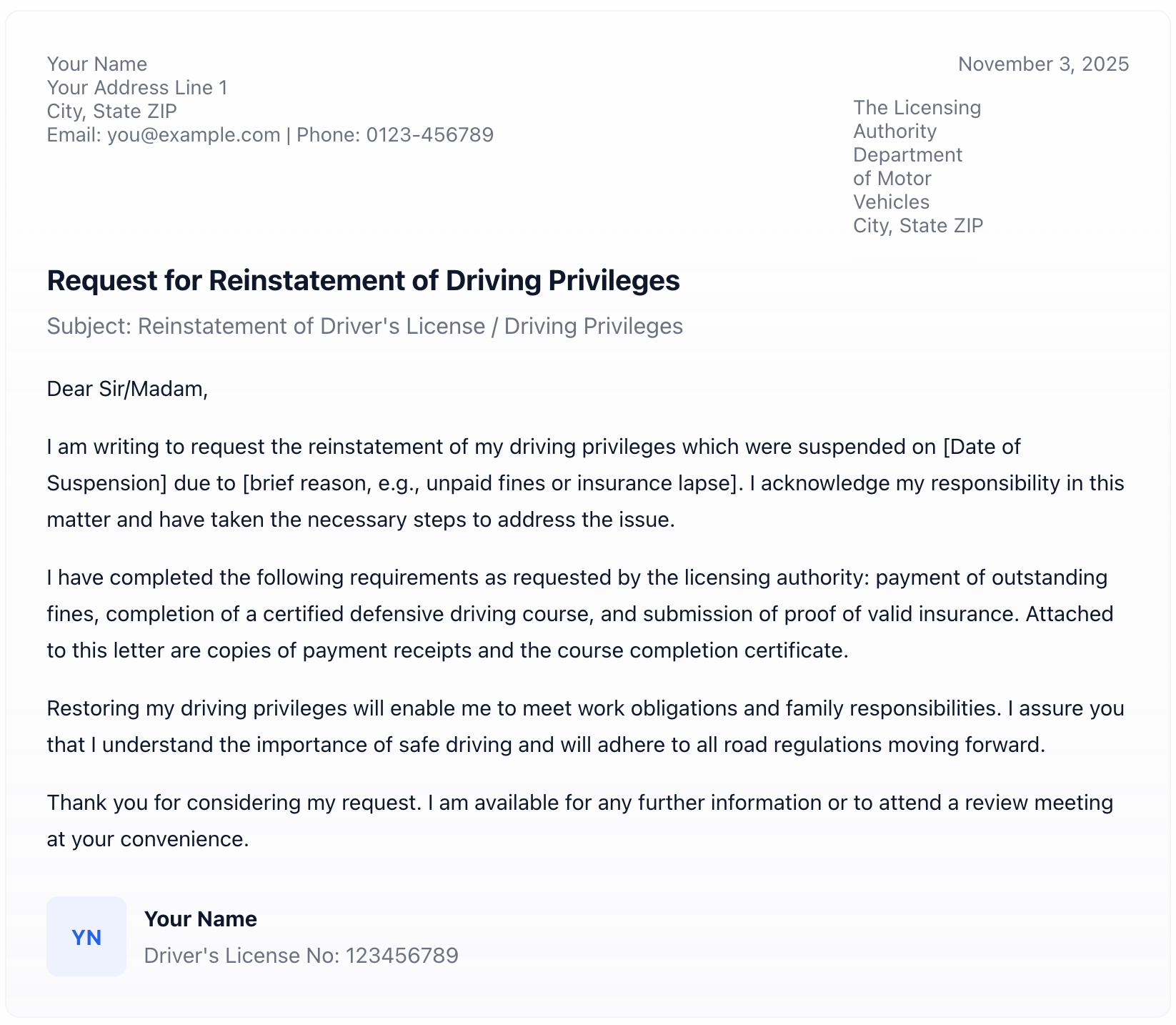 Sample Letter to Reinstate Driving Privileges