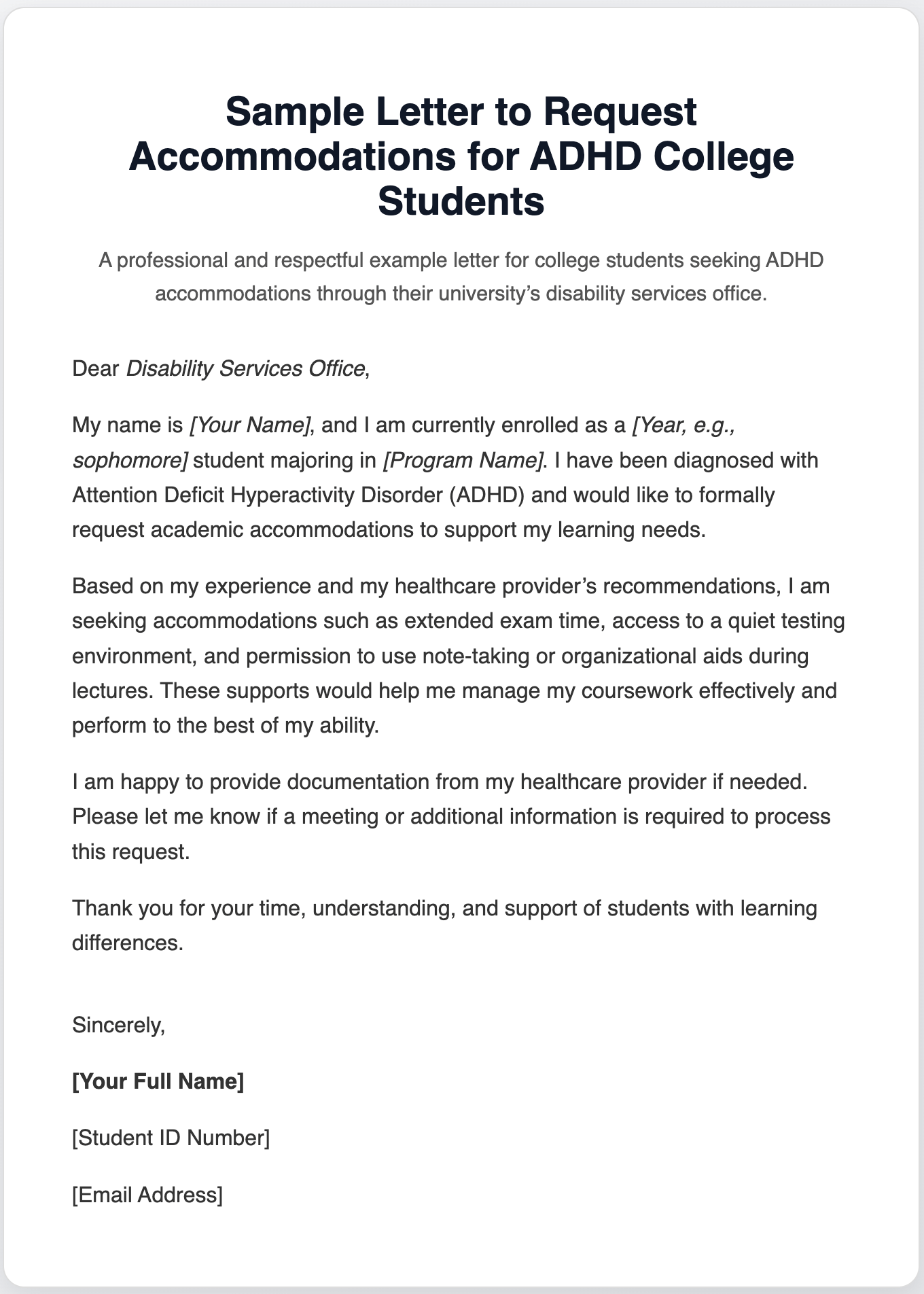 Sample Letter to Request Accommodations for ADHD College Students