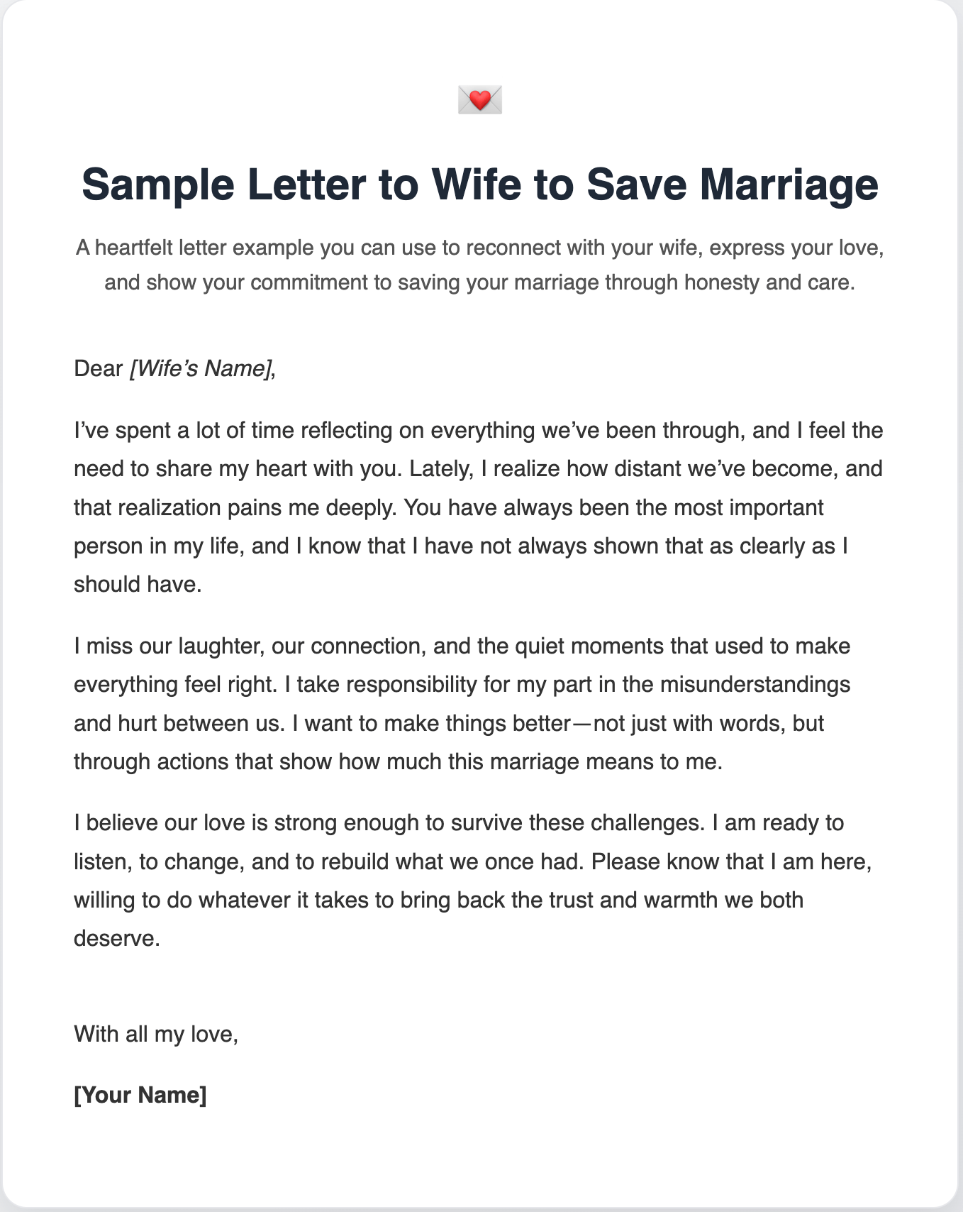 Sample Letter to Wife to Save Marriage