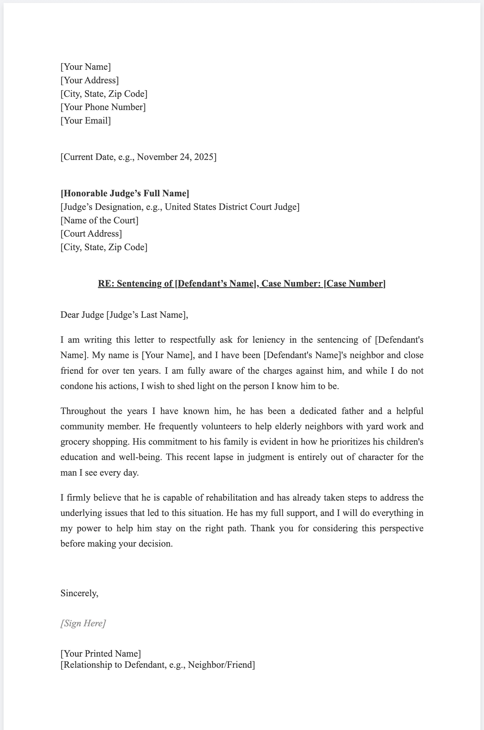 Sample Letters To Sentencing Judge