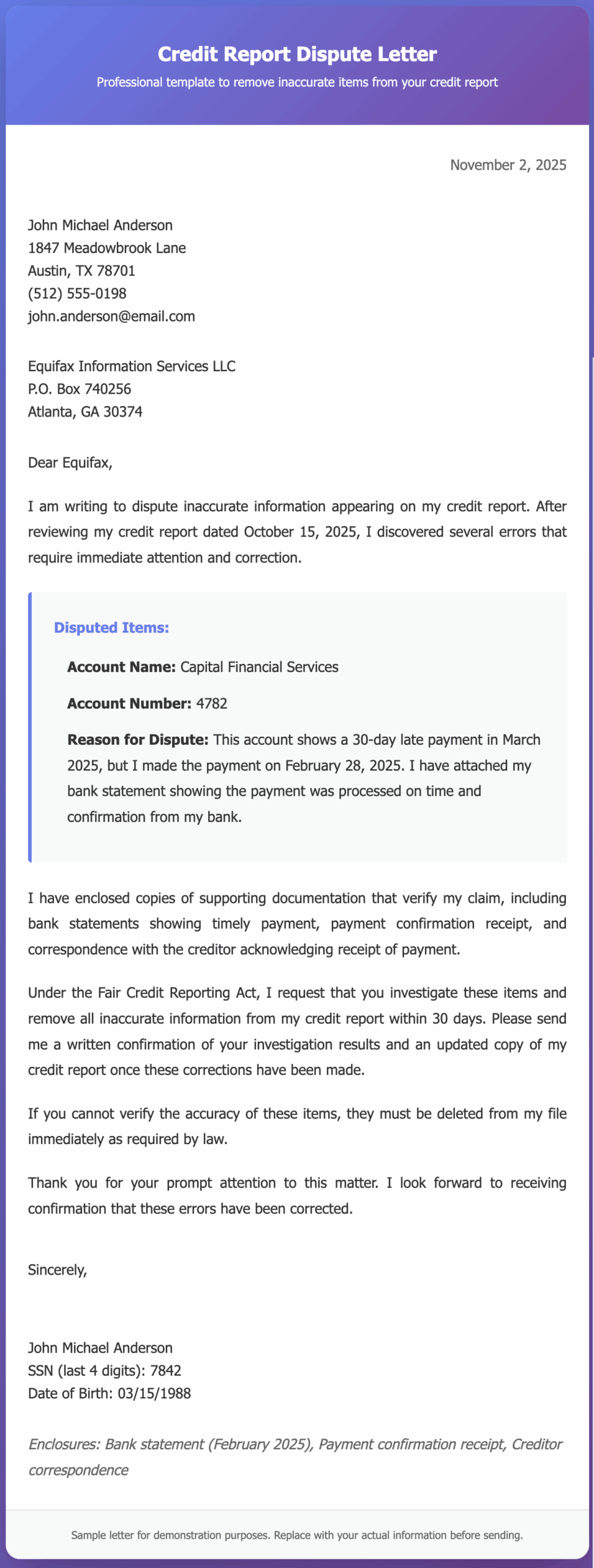 Sample Letters to Remove Items from Credit Report