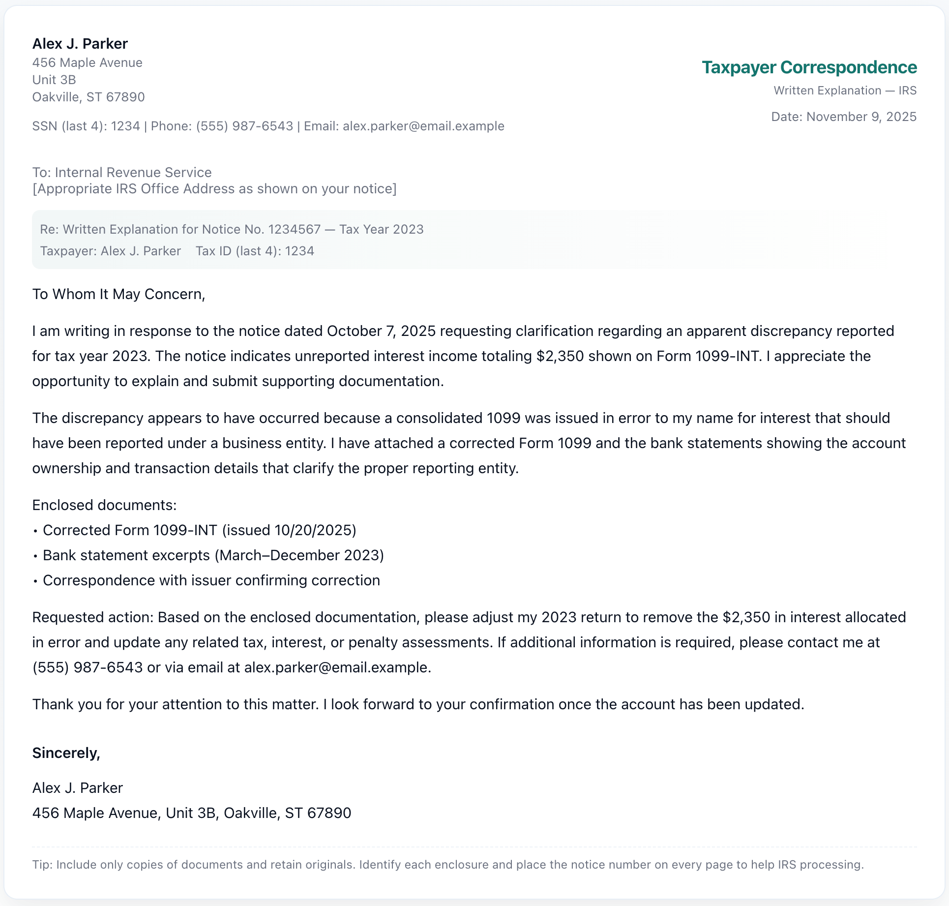 Written Explanation Sample Letter To IRS